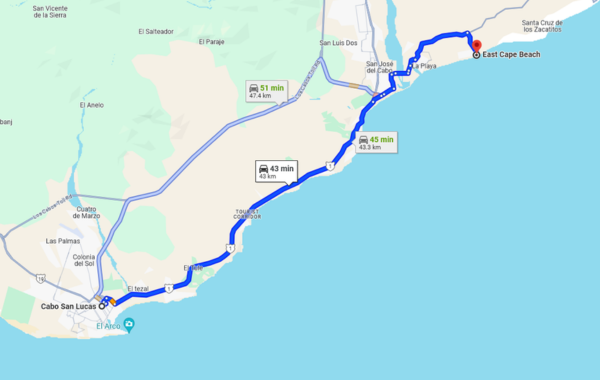 The route between Cabo San Lucas and East Cape Beach.