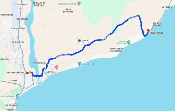 The route between San Jose Del Cabo to Playa Tortuga.