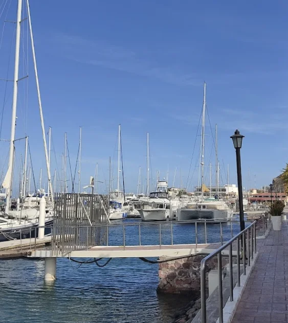 Sailboats with tall masts are docked in a calm marina. They rest beside a paved waterfront promenade with a railing and a lamp post under a clear blue sky.