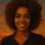 A young woman with curly hair smiles at the camera, outdoors at sunset with a warm orange sky behind her.