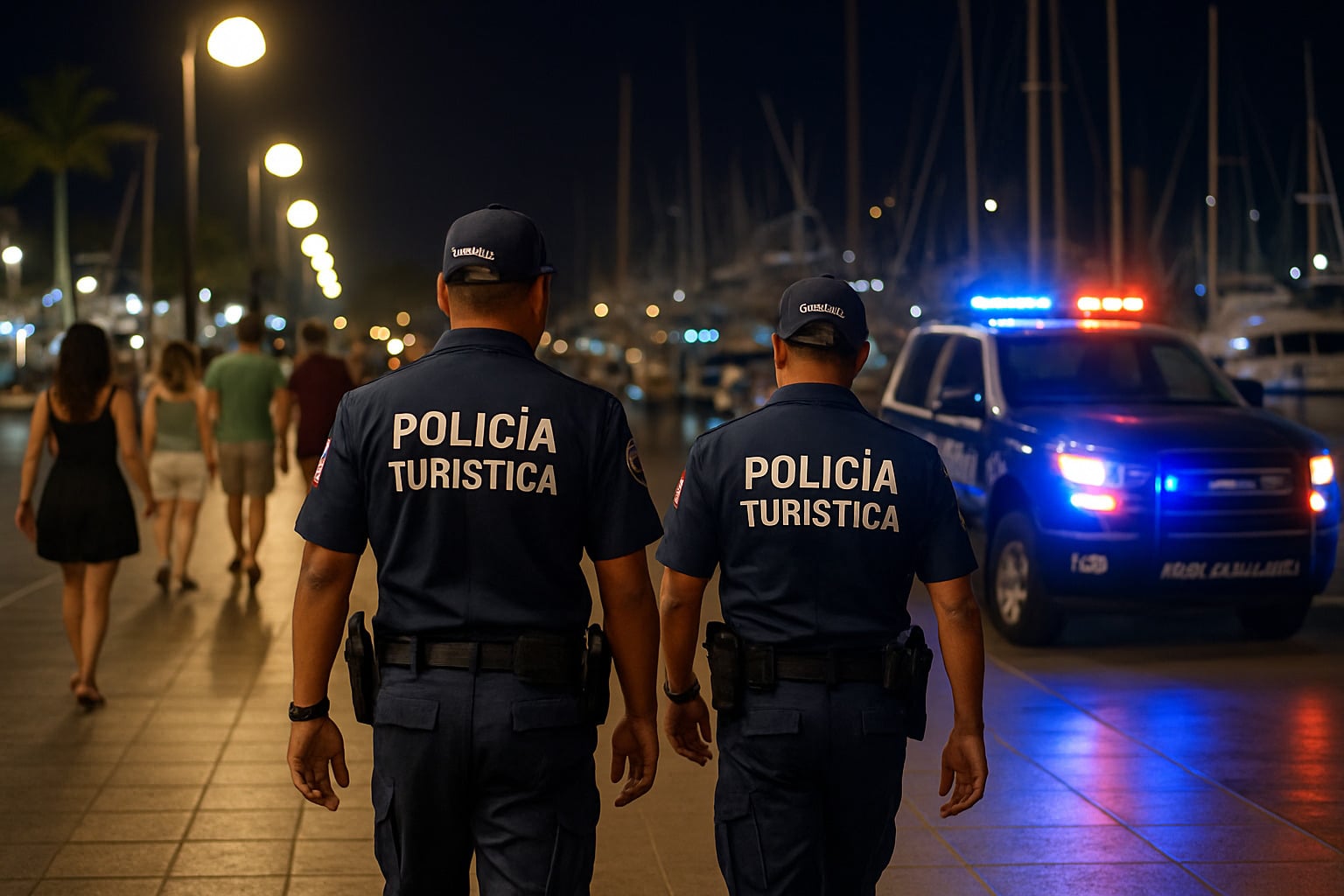 tourist police patrolling marina boardwalk - travelling to cabo san lucas safe