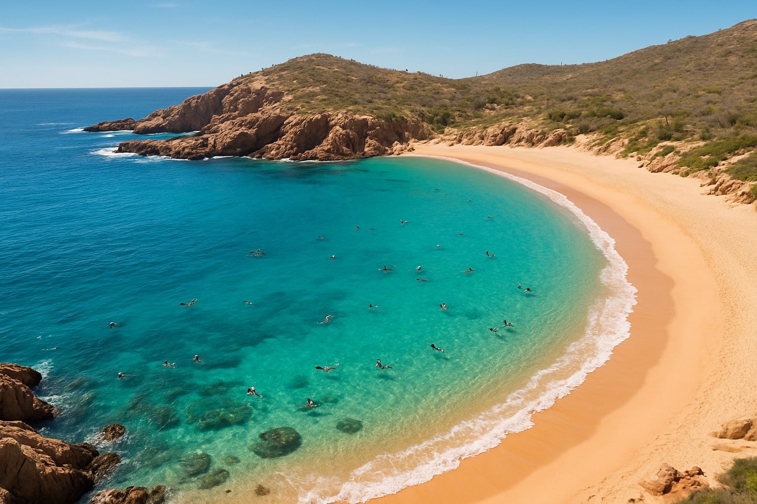 Turquoise waters and curved shoreline of Santa Maria Bay with snorkelers visible in the clear water - things to do in los cabos in june