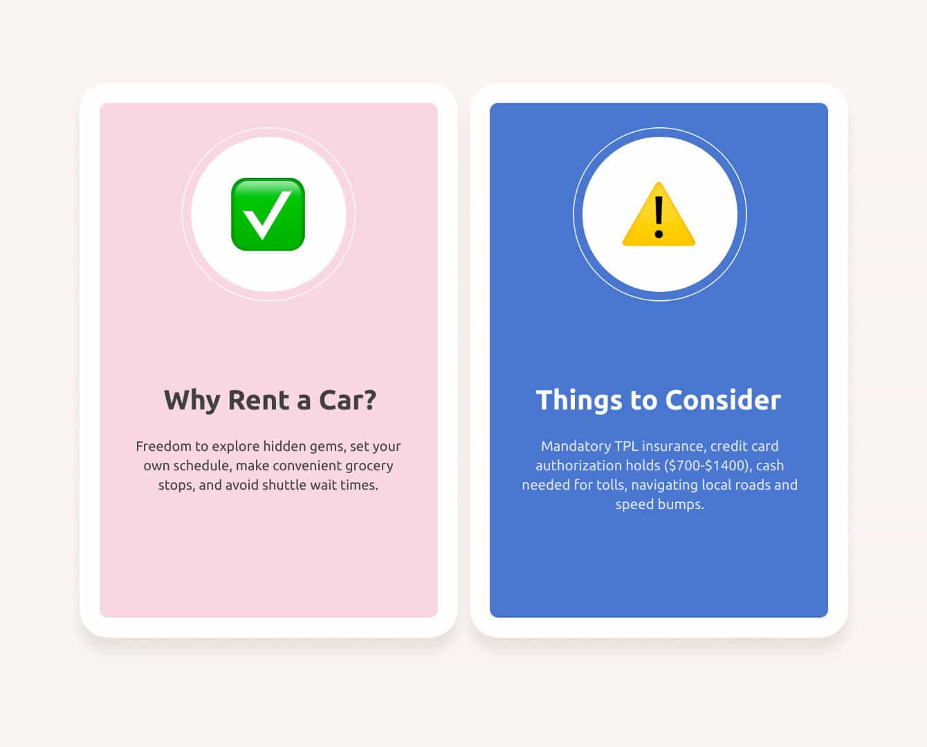 infographic comparing rental car benefits and requirements in Los Cabos, including vehicle types, average costs by season, mandatory insurance requirements, rental qualifications, and when alternatives like private transfers or shared shuttles make more sense for families - Cabo Car Rentals infographic comparison-2-items-casual