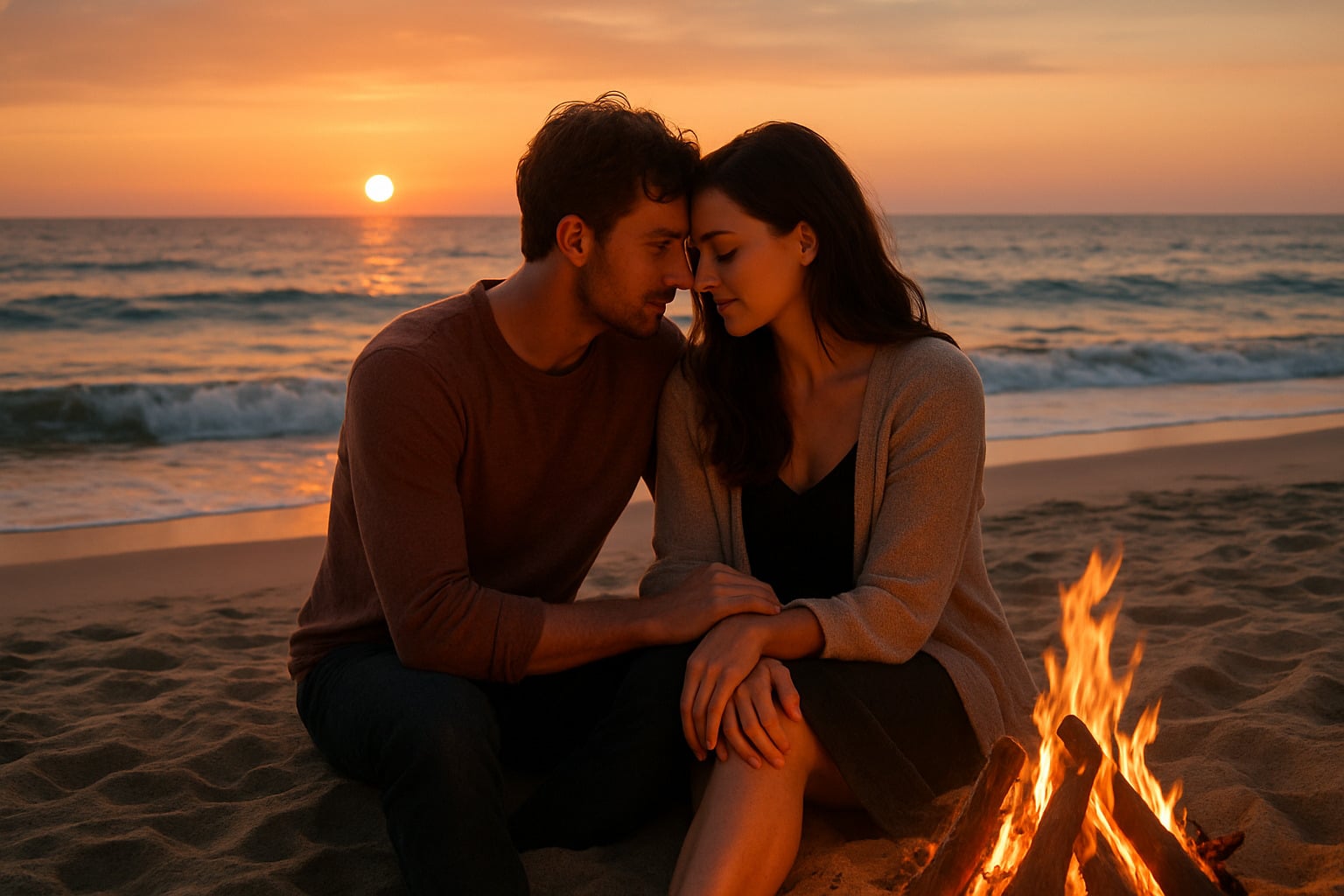 generate an image of a couple being romantic on the beach, at sunset near a fire - things to do in cabo for adults