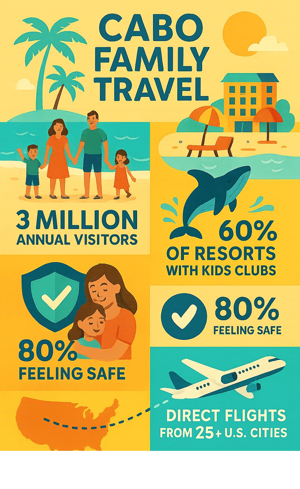 Los Cabos family vacation statistics showing 3 million annual visitors, 60% of resorts with kids clubs, whale migration numbers, 80% families reporting feeling safe, and direct flights from 25+ US cities - Cabo Family Travel infographic