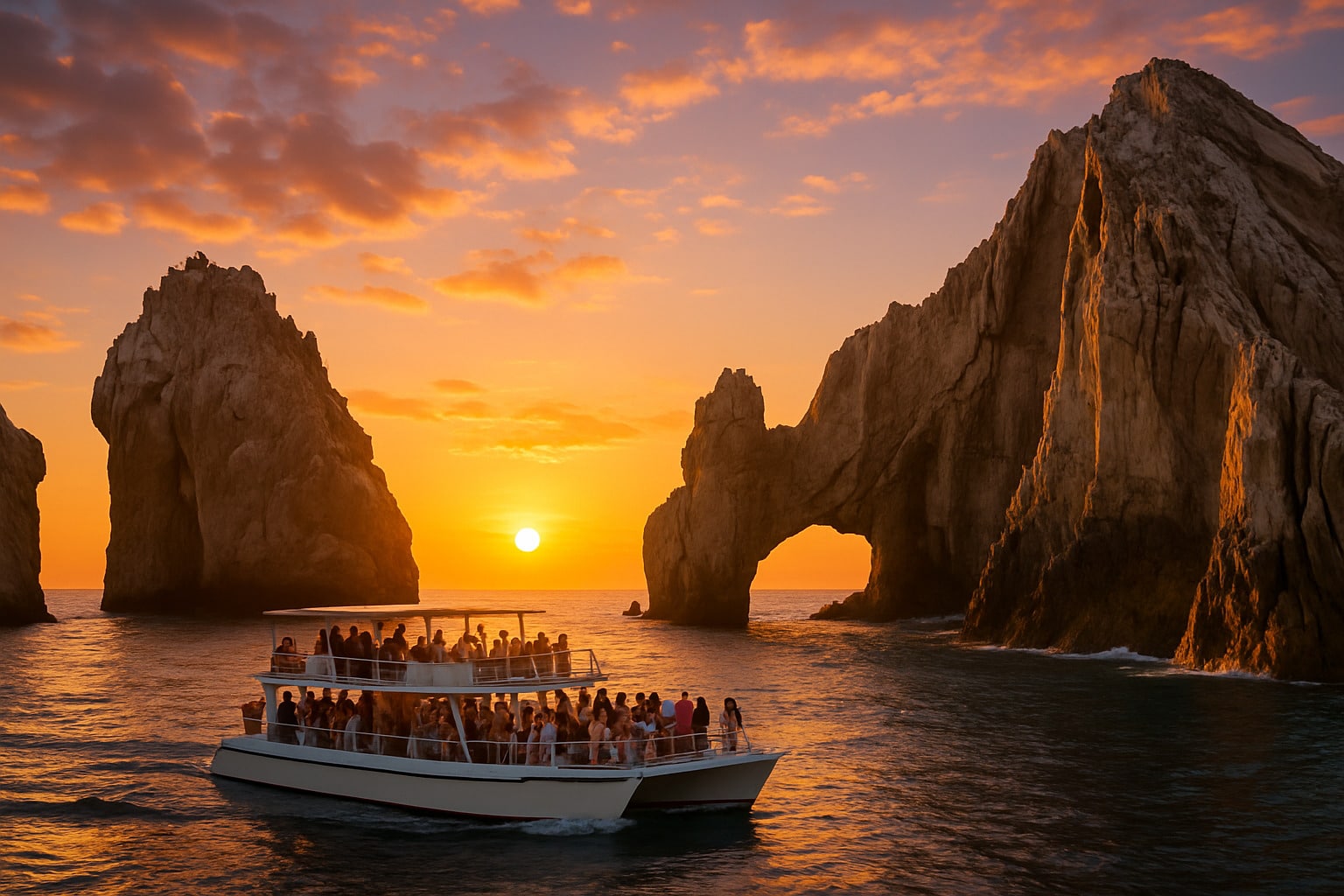 Sunset cruise boat passing El Arco with passengers enjoying golden hour views - things to do in los cabos in june