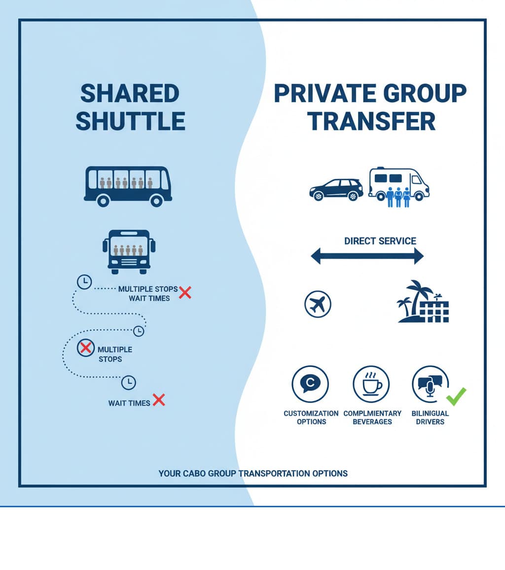 Infographic showing the difference between shared shuttles with multiple stops and wait times versus private group transfers with direct service, customization options, and amenities like complimentary beverages and bilingual drivers - Cabo group transportation infographic