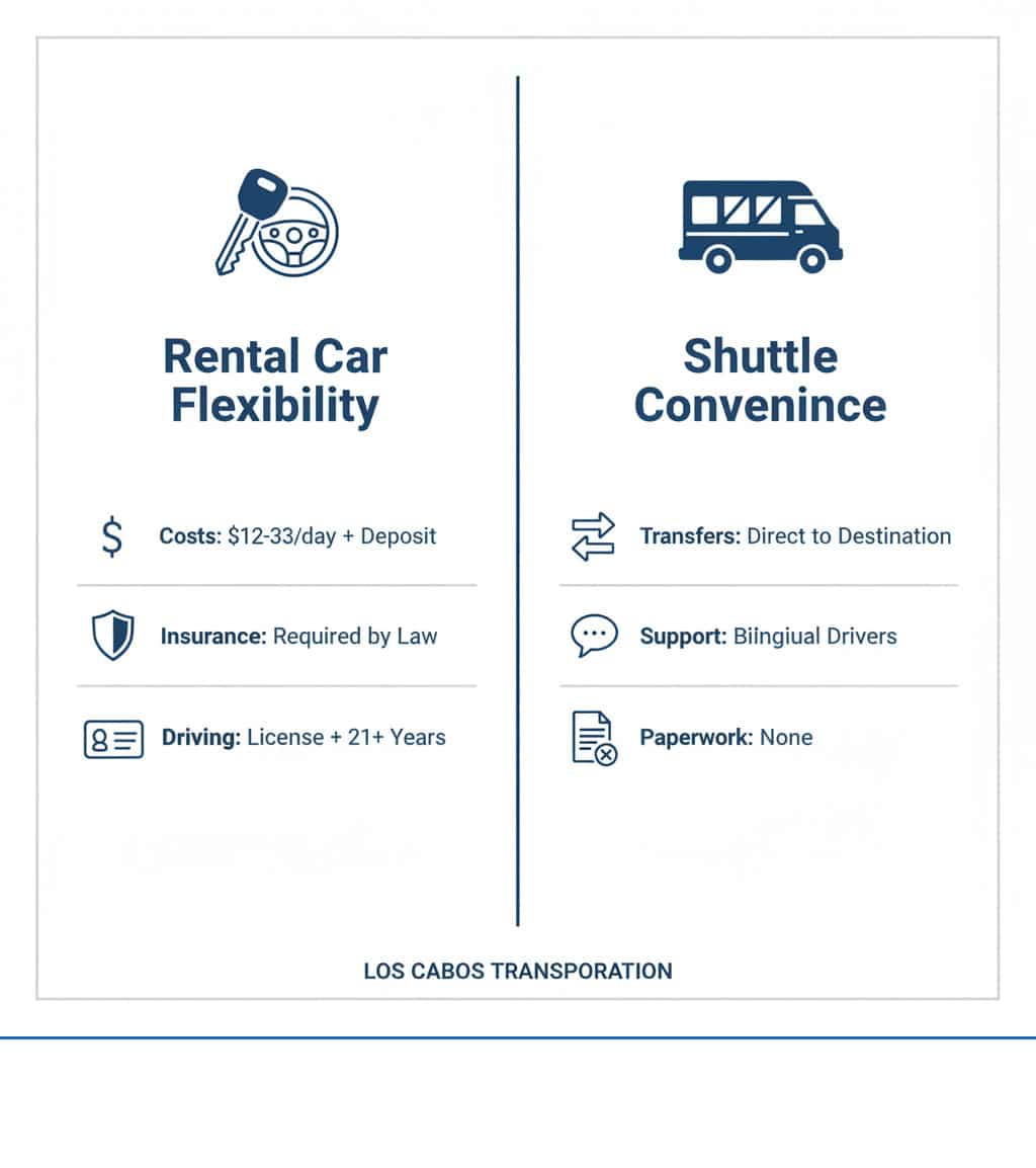 infographic comparing rental car flexibility with shuttle convenience showing costs, insurance needs, driving requirements versus direct transfers, bilingual support, and no paperwork for Los Cabos transportation - car rentals los cabos infographic
