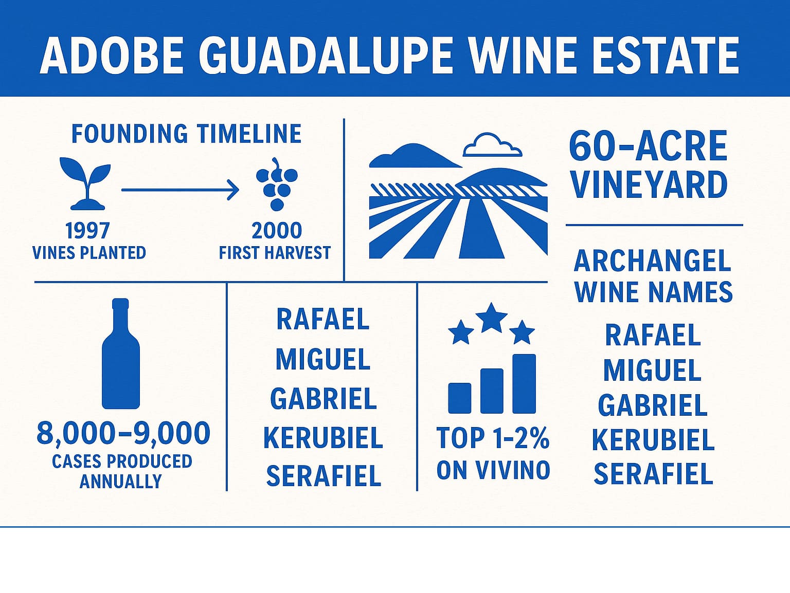 Adobe Guadalupe Wine Estate infographic showing founding timeline from 1997 vine planting to 2000 first harvest, 60-acre vineyard size, 8000-9000 annual case production, archangel wine names, and top Vivino rankings - adobe guadalupe wine infographic