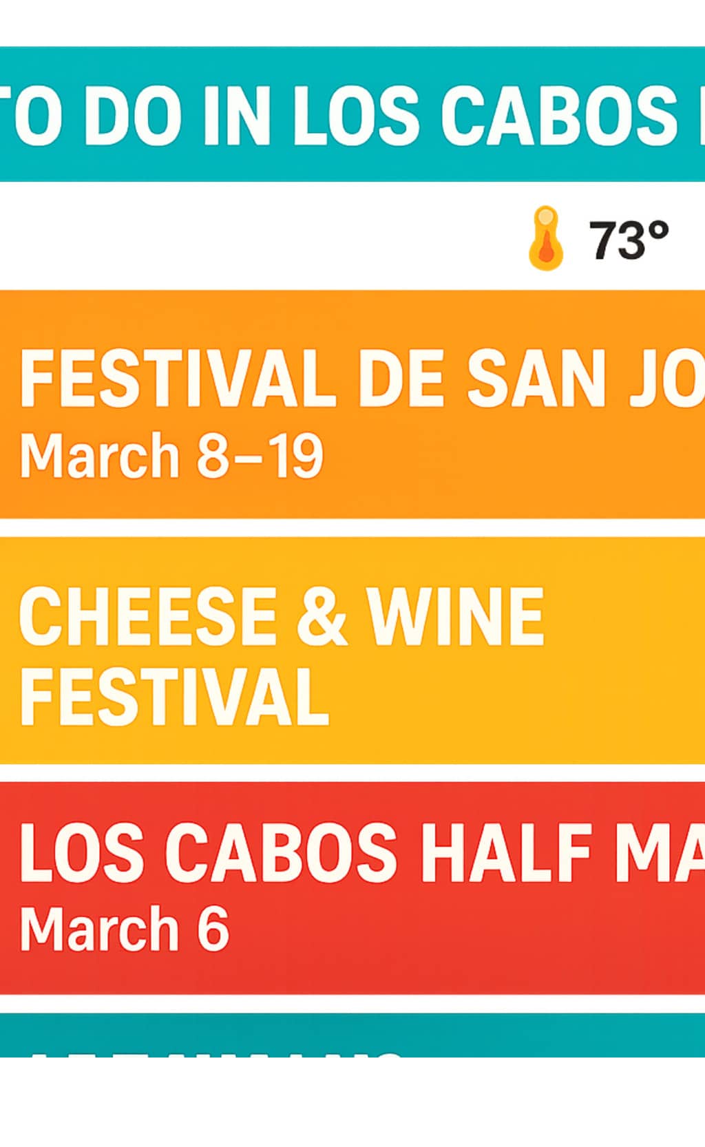 March event calendar showing Festival de San José dates, Cheese & Wine Festival, Los Cabos Half Marathon, and weekly art walks with temperature and crowd level indicators - things to do in los cabos in march infographic