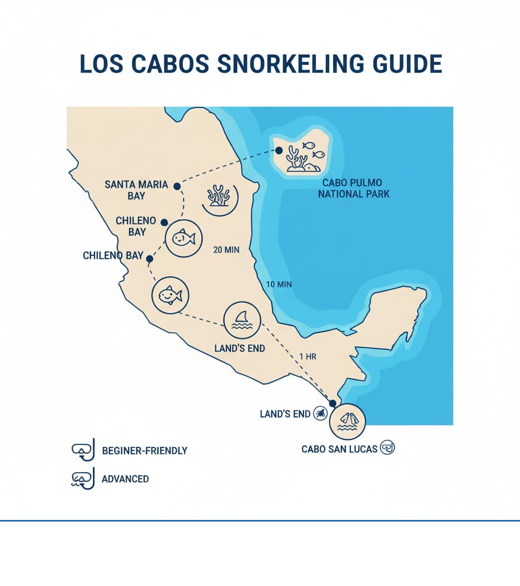 Infographic showing a map of Los Cabos region with labeled snorkeling locations including Cabo San Lucas, San Jose del Cabo, Chileno Bay, Santa Maria Bay, Land's End, and Cabo Pulmo National Park to the northeast, with icons indicating beginner-friendly spots versus advanced locations and approximate driving distances - Best snorkeling Los Cabos infographic