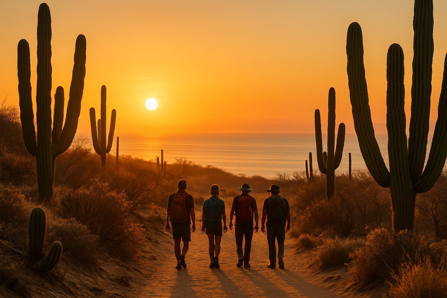 Hikers enjoying a desert trail at sunrise with cacti and ocean views - things to do in los cabos in june