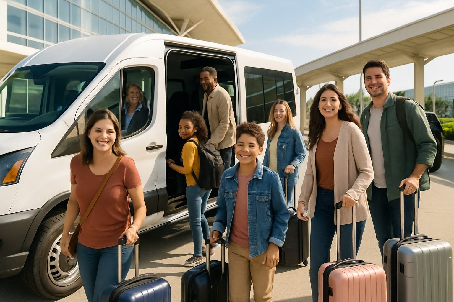 happy travelers boarding airport shuttle - Airport shuttle San Jose del Cabo