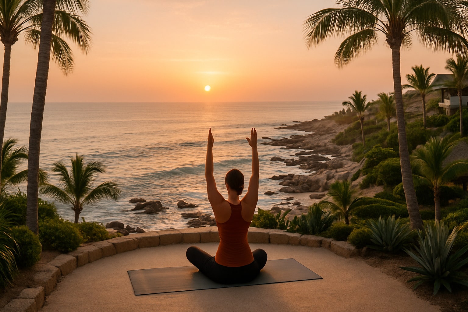 Cliff-top yoga session at sunrise overlooking the Pacific Ocean at Esperanza - 5 star hotel in cabo san lucas