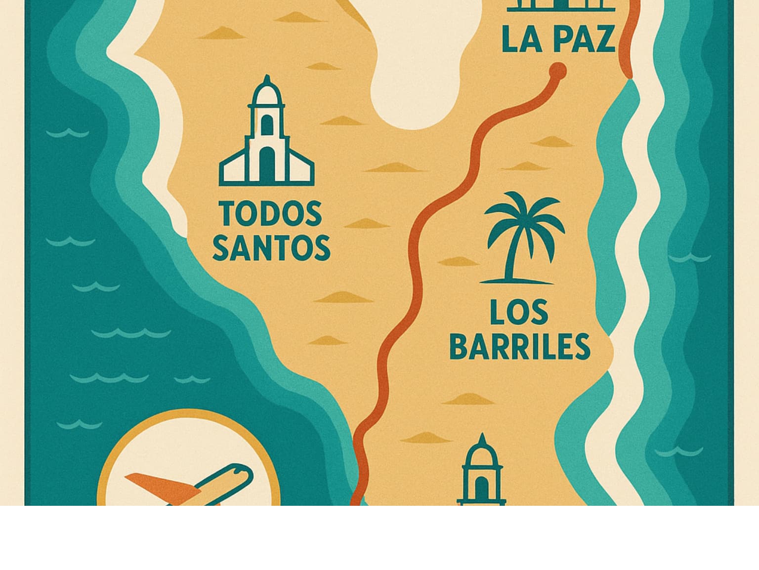 Remake a horzontial infographic taht shows the journey process from the Cabo Airport to La Paz. Use more art deco map art with focal points being zoomed out on Los Cabos Airport, Cabo San Lucas, Todos Santos, Los Barriles and of course La Paz. - is it safe to travel from cabo to la paz infographic