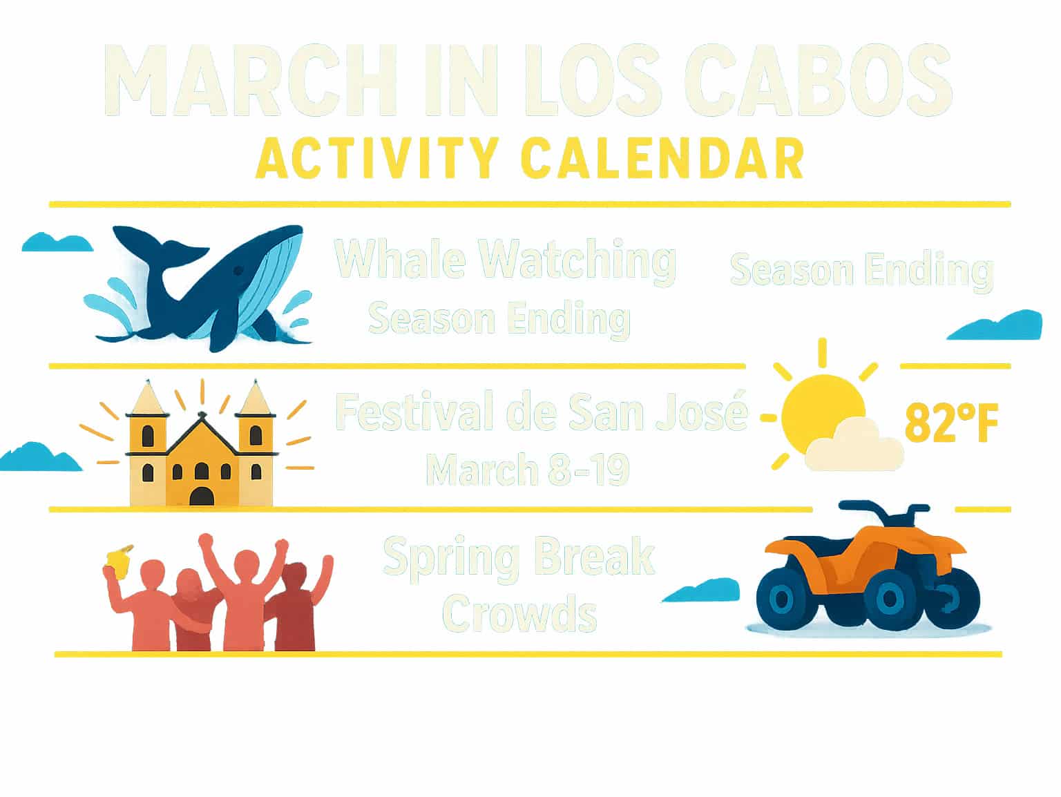 March in Los Cabos activity calendar showing whale watching season ending, Festival de San José dates, perfect 82°F weather, Spring Break crowds, and outdoor trip opportunities - things to do in los cabos in march infographic