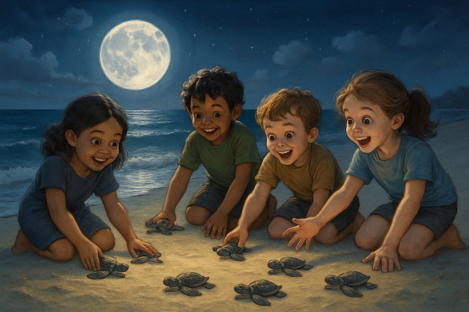 children releasing baby sea turtles on moonlit beach - things to do in cabo with kids