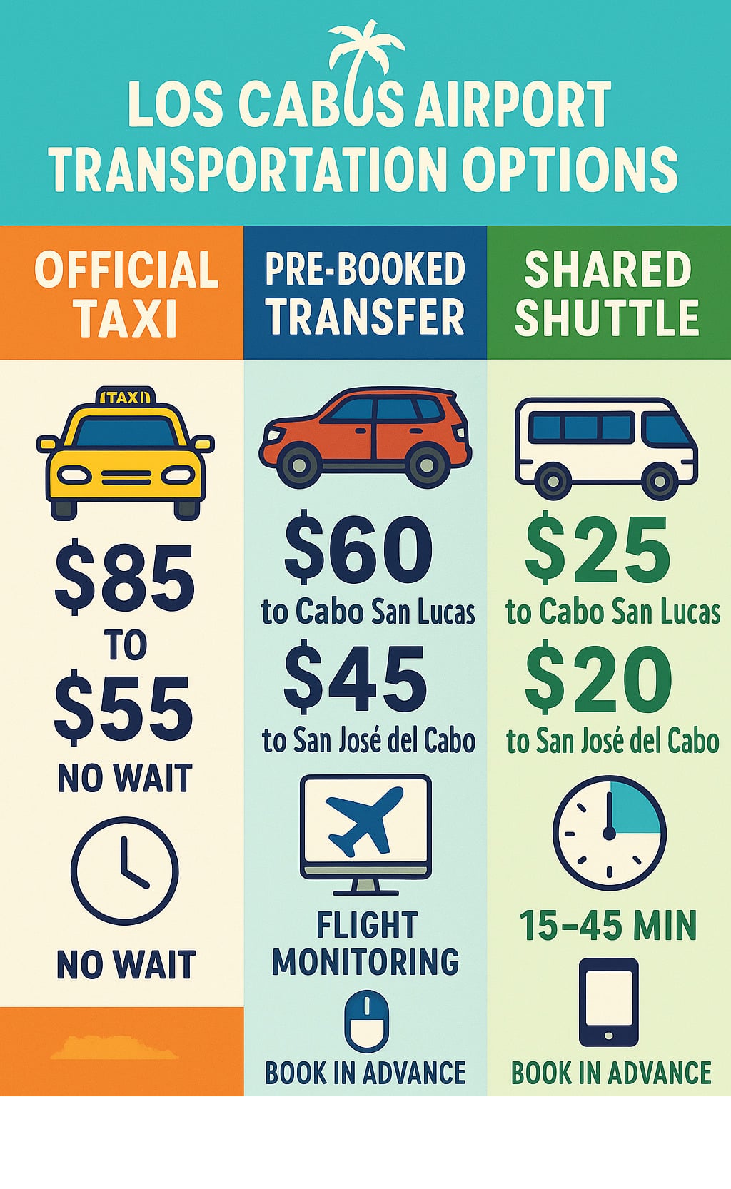 Los Cabos airport transportation options showing official taxis, pre-booked transfers, and shared shuttles with their respective costs, wait times, amenities, and booking processes - Los Cabos airport taxi infographic