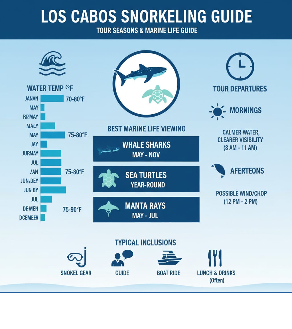 Infographic showing Los Cabos snorkeling tour seasons, water temperatures by month, best times to see specific marine life like whale sharks (May-Nov), sea turtles (year-round), and manta rays (May-Jul), plus recommended tour departure times and typical inclusions - Los Cabos snorkeling tours infographic