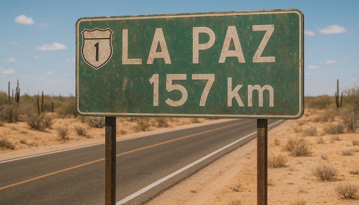 highway sign La Paz 157 km - is it safe to travel from cabo to la paz