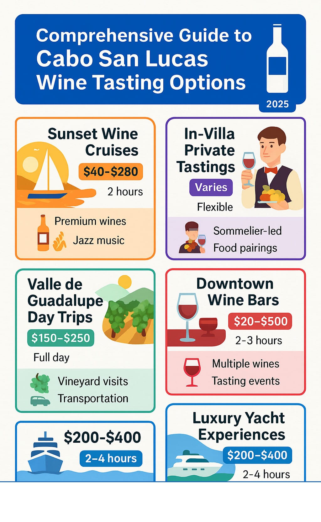 Comprehensive guide to Cabo San Lucas wine tasting options showing different tour types, pricing ranges, duration, and what's included in each experience - Cabo San Lucas wine tasting infographic