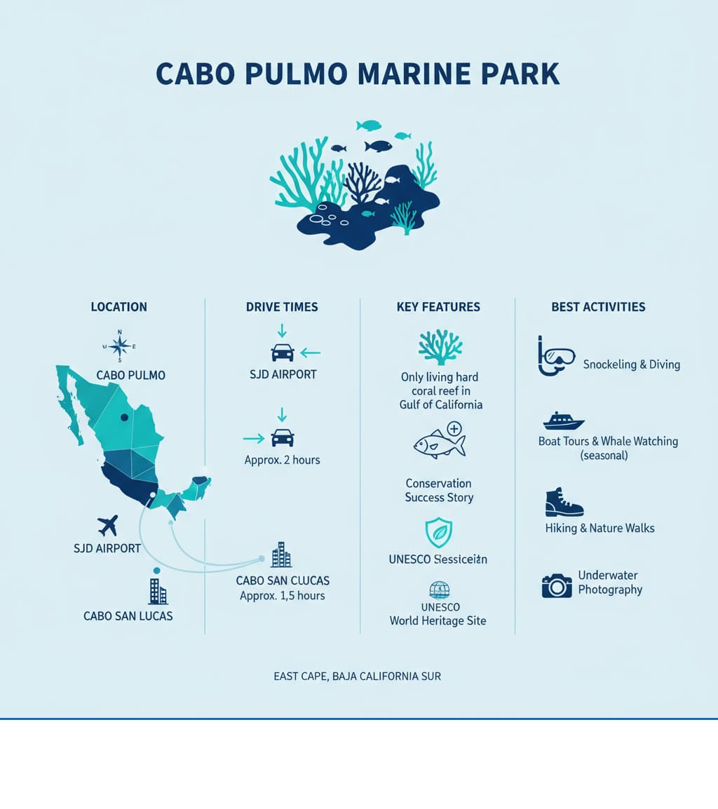 infographic showing Cabo Pulmo location, drive times from SJD airport and Cabo San Lucas, key features, and best activities - cabo pulmo marine park infographic
