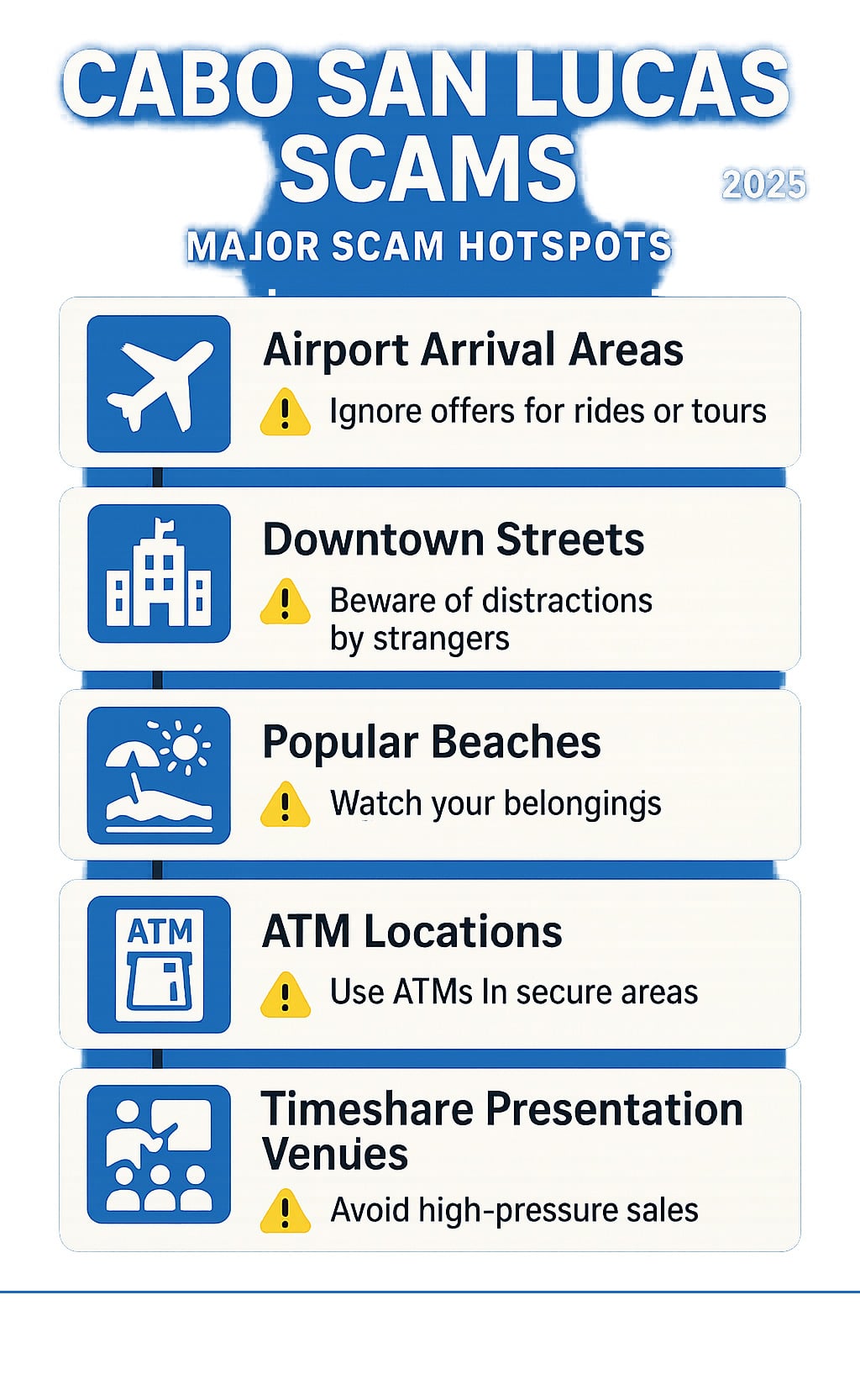 Infographic showing major scam hotspots in Cabo San Lucas including airport arrival areas, downtown streets, popular beaches, ATM locations, and timeshare presentation venues with warning icons and safety tips for each location - cabo san lucas scams infographic