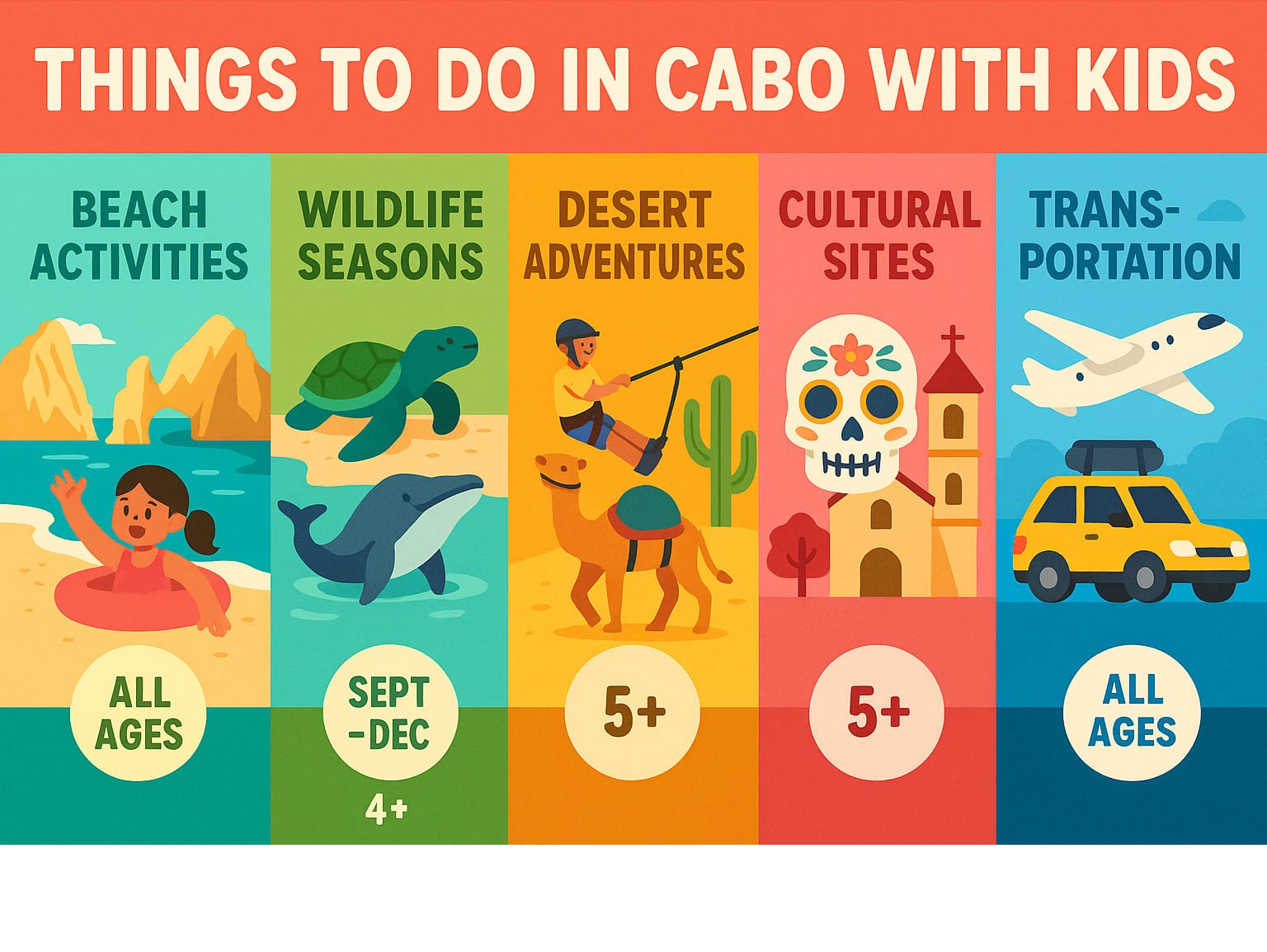 Comprehensive guide to Los Cabos family activities showing beach zones, wildlife seasons, desert trips, cultural sites, and transportation options with age recommendations for each activity - things to do in cabo with kids infographic
