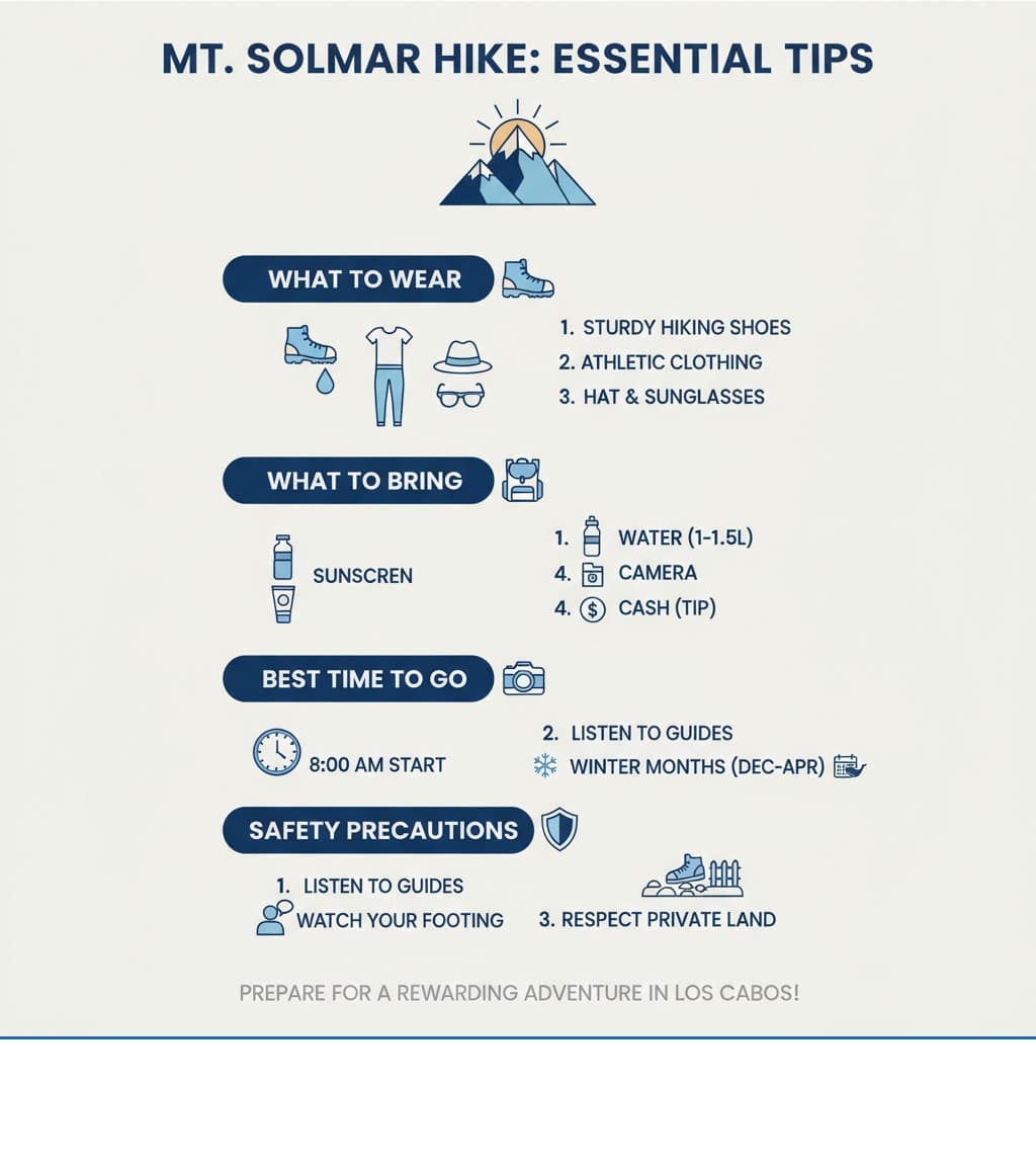 Infographic with essential tips for hiking Mt Solmar including what to wear, what to bring, best time to go, and safety precautions - mt solmar infographic