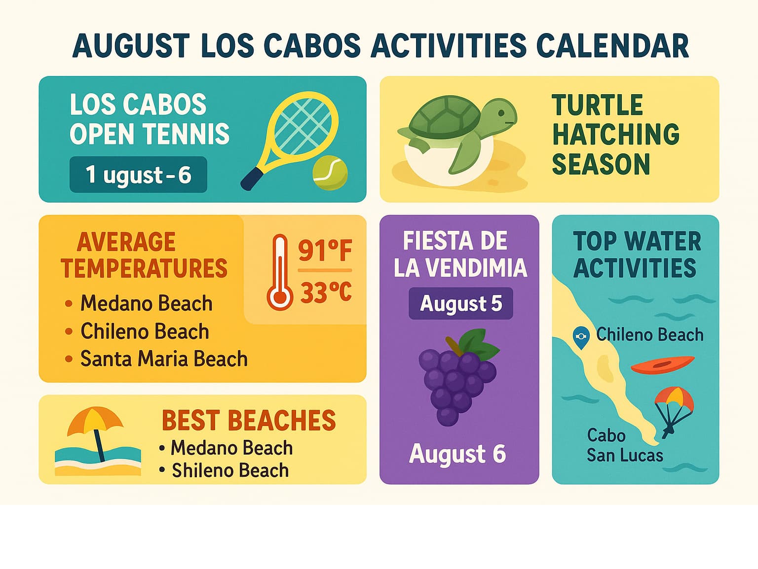 August Los Cabos Activities Calendar showing tennis tournament dates, turtle hatching season, Fiesta de la Vendimia schedule, average temperatures, best beaches, and top water activities with their locations - things to do in cabo in august infographic