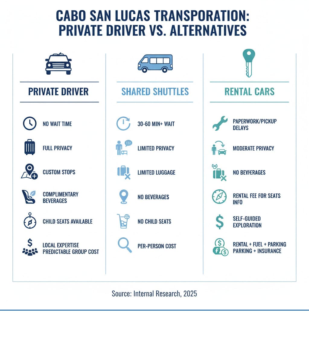 Infographic showing the benefits of hiring a Cabo San Lucas private driver versus shared shuttles and rental cars, including comparison of wait times, privacy levels, luggage capacity, ability to make custom stops, inclusion of beverages, availability of child car seats, local expertise, and total cost for families or groups - cabo san lucas private driver infographic