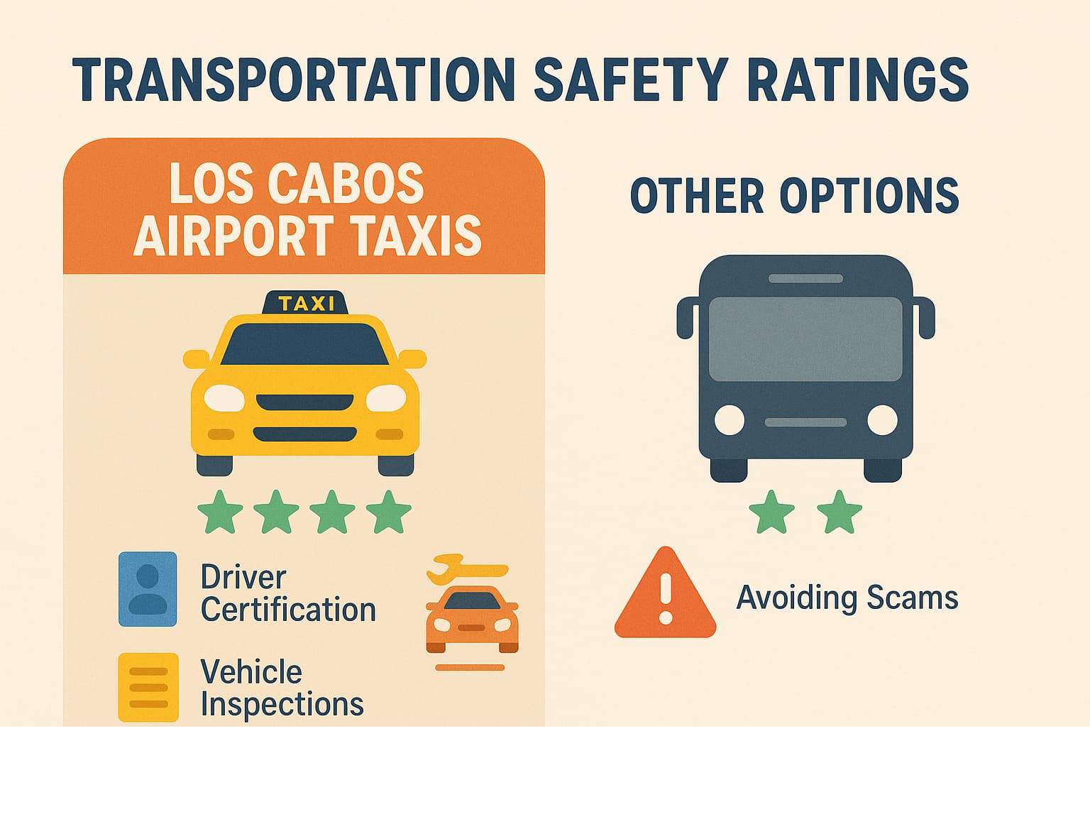 Transportation safety ratings showing Los Cabos airport taxis with high safety scores compared to other options - Los Cabos airport taxi infographic