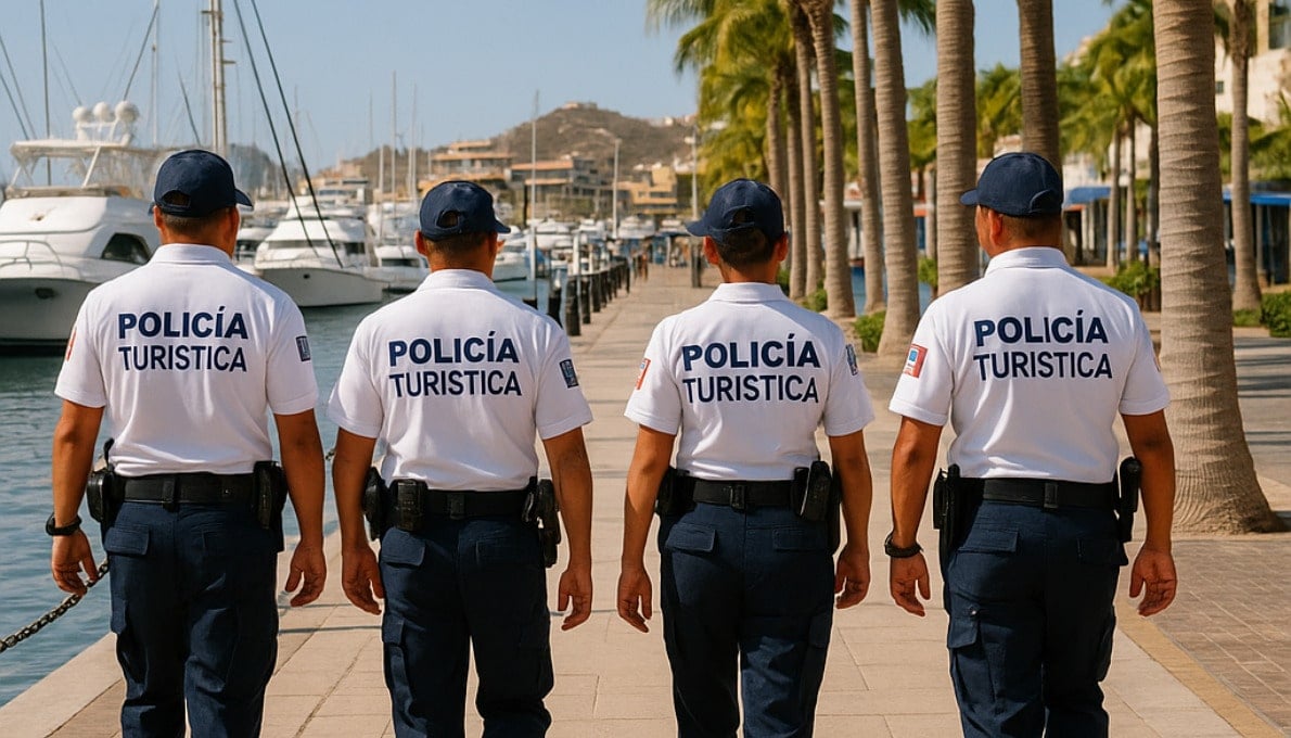 tourist police patrolling the marina in cabo san lucas - is it safe to travel to cabo mexico