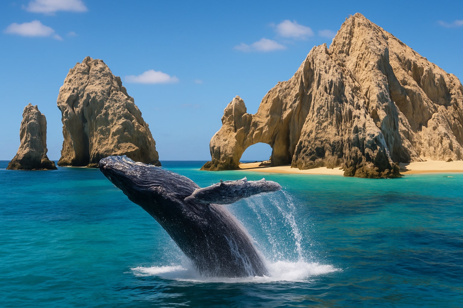 Breaching humpback whale with snorkeling coves and Lover's Beach in background - things to do in los cabos in february