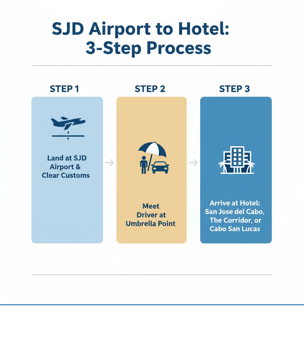 Infographic showing the 3-step process: Step 1 - Land at SJD Airport and clear customs, Step 2 - Meet your driver at the designated umbrella meeting point outside the terminal, Step 3 - Arrive at your hotel in San Jose del Cabo, The Corridor, or Cabo San Lucas - sjd airport shuttle to hotel infographic